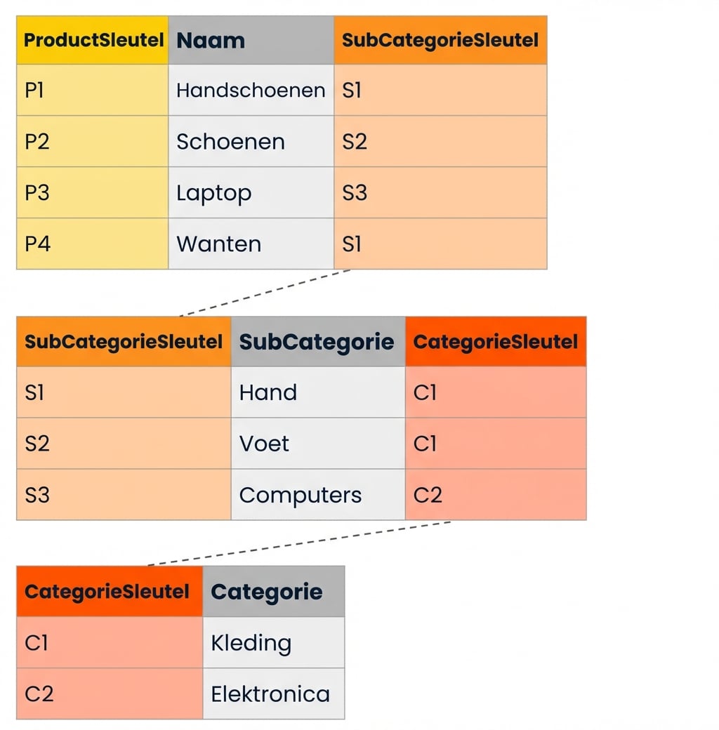 Voorbeeldtabellen voor producthiërarchie in een sneeuwvlok-schema