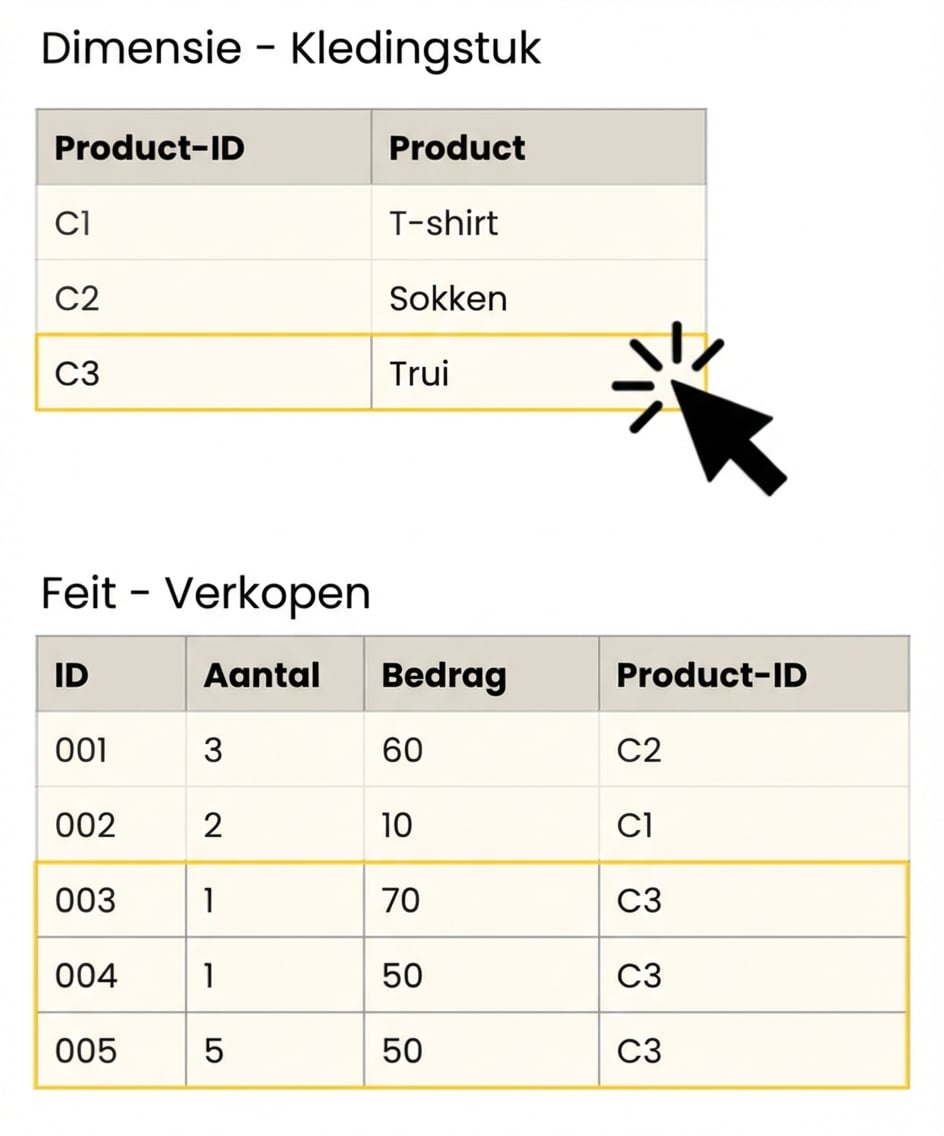 Gedetailleerde weergave van de fact- en Clothing Item-dimensietabellen.