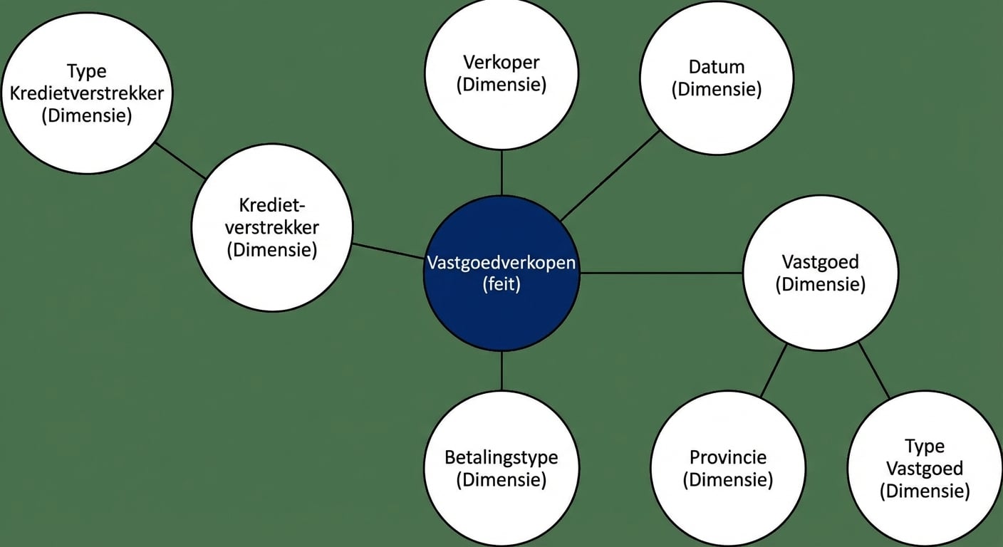 Diagram van een sneeuwvlok-schema met een feit omringd door vijf dimensies waarvan er twee verbonden zijn met andere dimensies