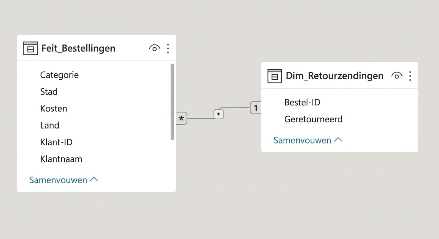 Relatie in één richting tussen twee tabellen, Fact_Orders en Dim_Returns