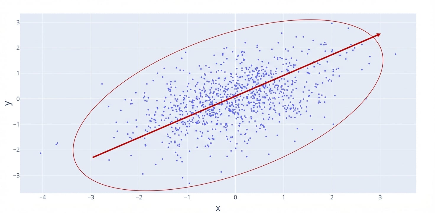 Een scatterplot met een rode lijn die een positieve, stijgende relatie toont. Een rode cirkel markeert de punten; ze liggen meer verspreid en de relatie is dus zwak.