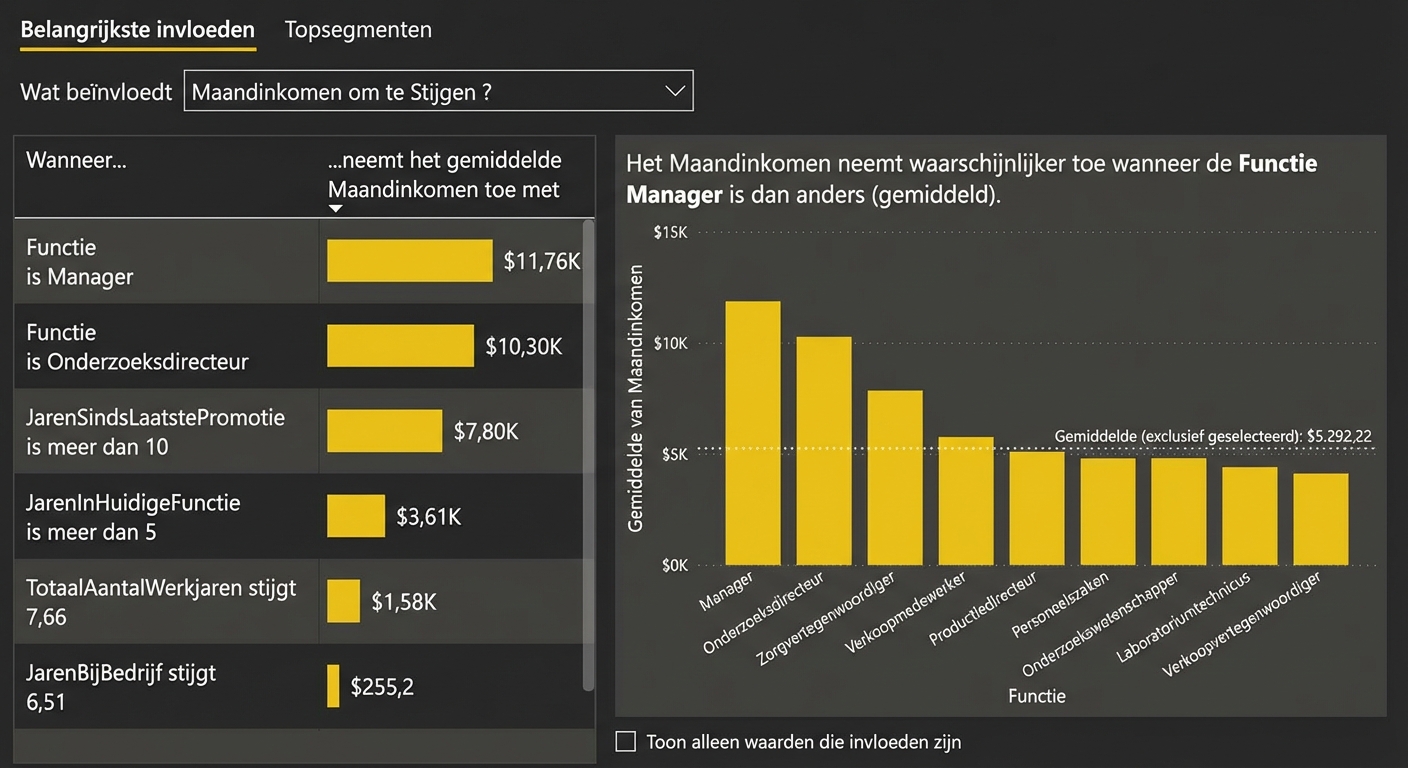 Een voorbeeld van de Power BI-visual Key Influencers met een staafdiagram van gemiddeld maandsalaris per functie. Links staat een lijst met key influencers.