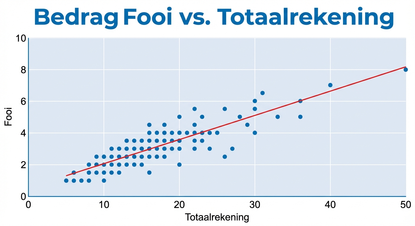 Een scatterplot met "Total Bill" op de x-as en "Tip" op de y-as. Een rode lijn snijdt door de cluster van punten en toont een stijgende trend.