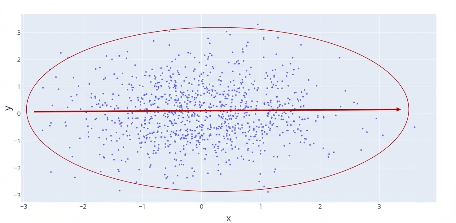 Een scatterplot met een rode lijn die vlak is, dus geen relatie. Een rode cirkel markeert de punten; ze liggen meer verspreid en de relatie is dus zwak.