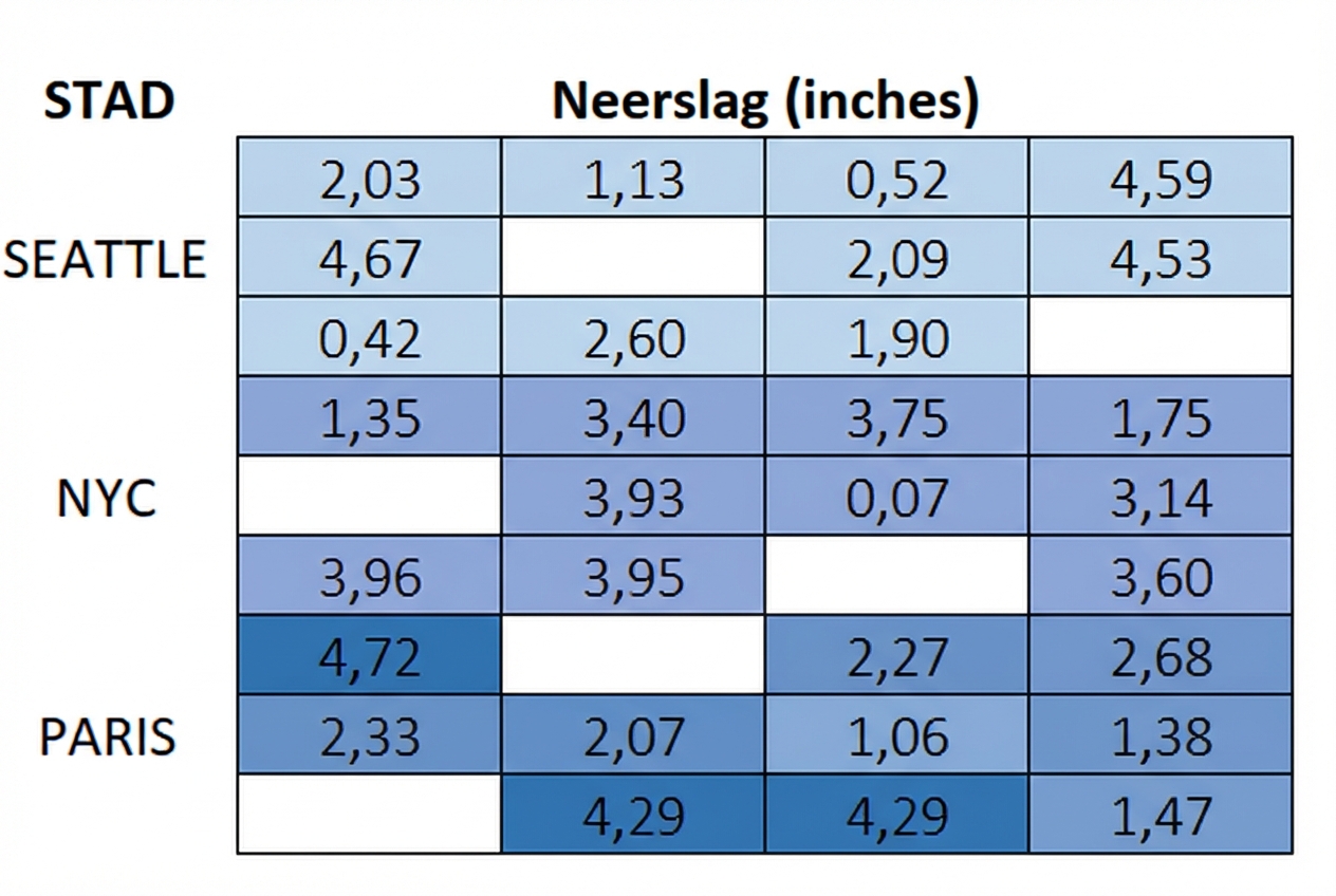 Een matrix van negen bij vier met sets van drie rijen gegroepeerd voor drie steden: Seattle, New York City en Parijs. Er staan waarden in inches neerslag in 30 cellen en 6 zijn willekeurig leeg over de drie stadsgroepen.