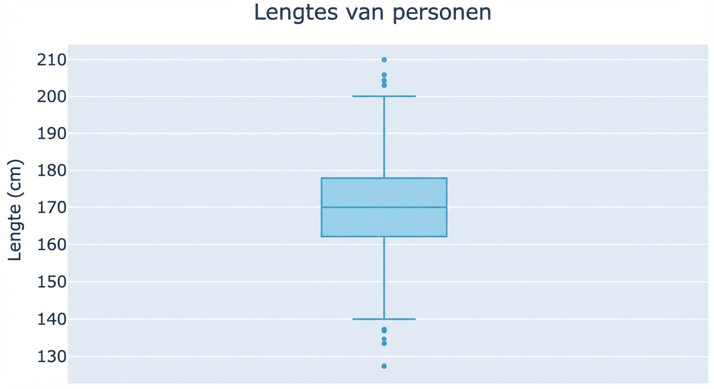 Een boxplot van lengtes van mensen. Lengtes, in centimeters, staan op de y-as.