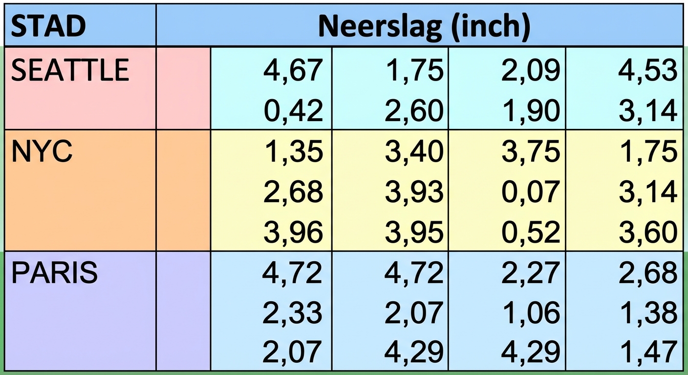 Dezelfde matrix van negen bij vier maar met de bovenste rij verwijderd, om het verwijderen van lege cellen weer te geven.