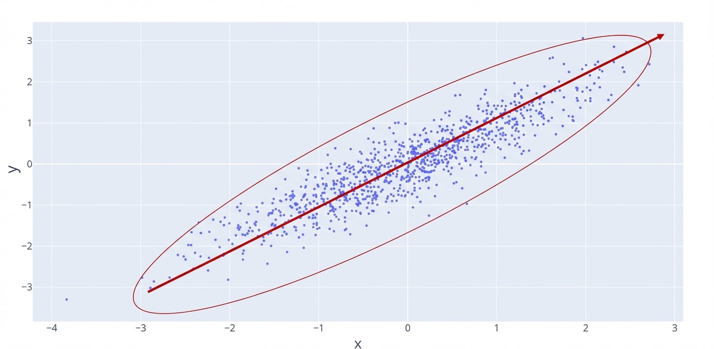 Een scatterplot met een rode lijn die een positieve, stijgende relatie toont. Een rode cirkel markeert de punten; ze liggen dicht bij elkaar.