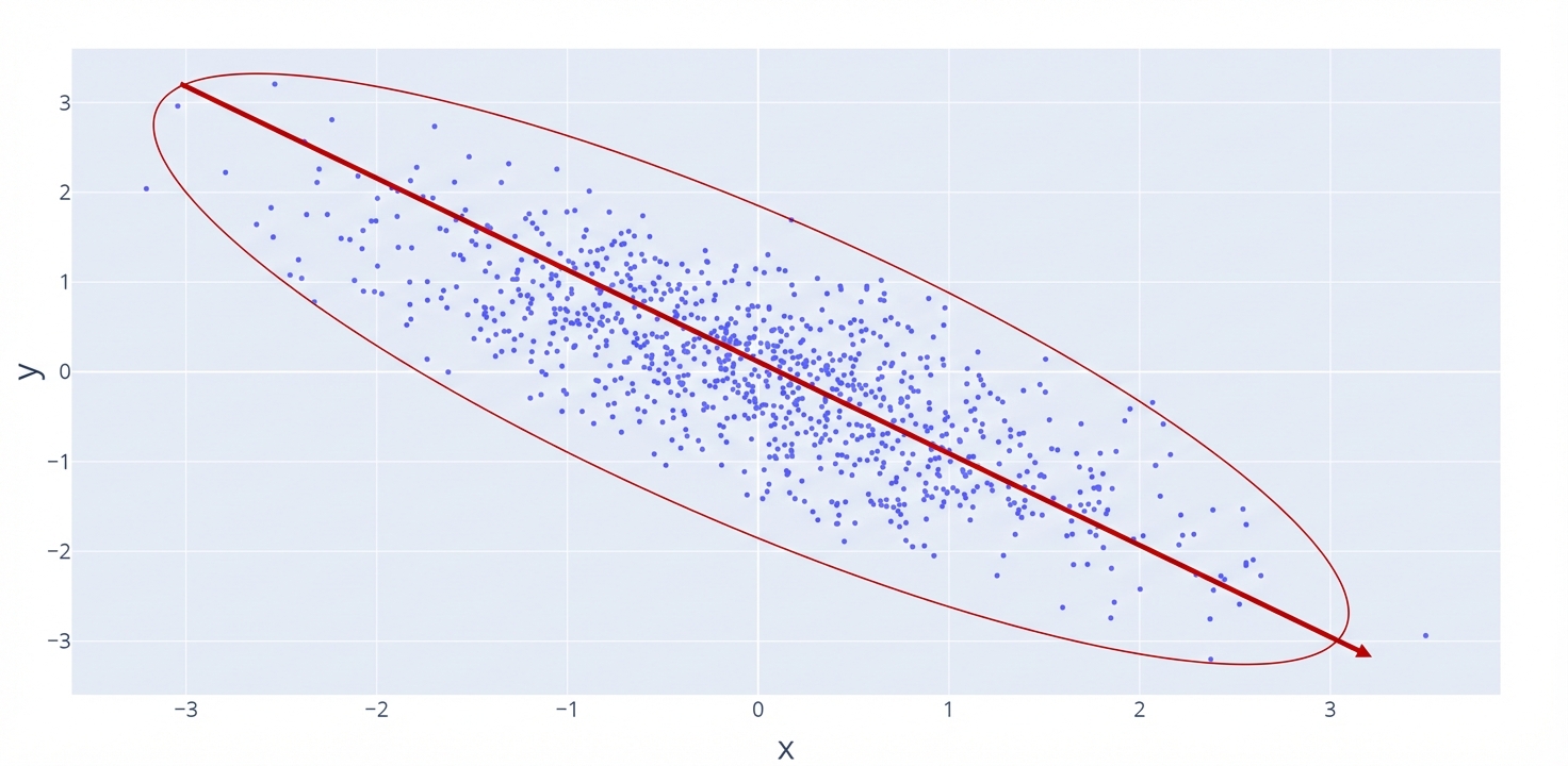 Een scatterplot met een rode lijn die een negatieve, dalende relatie toont. Een rode cirkel markeert de punten; ze liggen dicht bij elkaar.