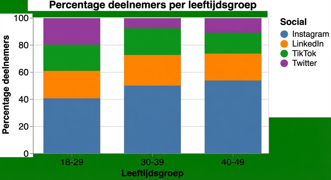 Een 100% gestapeld staafdiagram. Op de x-as staan drie leeftijdsgroepen: "18-29", "30-39", "40-49". Het percentage deelnemers staat op de y-as. Elke balk is opgesplitst naar percentage per van de vier sociale mediaplatforms: Instagram, LinkedIn, TikTok en Twitter.