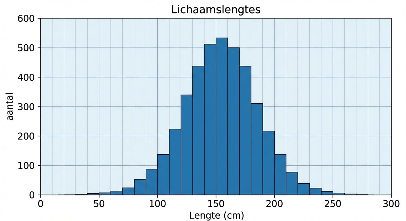 Een histogram van lengtes van mensen met waardes op de x-as en het aantal observaties op de y-as. Er is een grote massa in het midden en minder aan de randen.