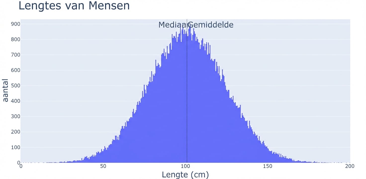 Een histogram van lengtes van mensen met de lengte op de x-as en het aantal observaties op de y-as.