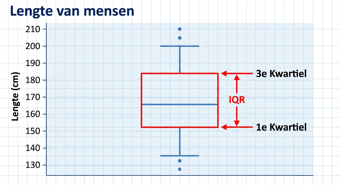 Een boxplot van lengtes van mensen. Lengtes, in centimeters, staan op de y-as. Een rode omlijning markeert de "box" van de boxplot.