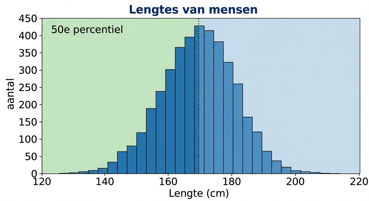 Een histogram van lengtes van mensen met waardes op de x-as en het aantal observaties op de y-as. Er is een groen gearceerd gebied van het midden naar links dat het 50e percentiel aangeeft.