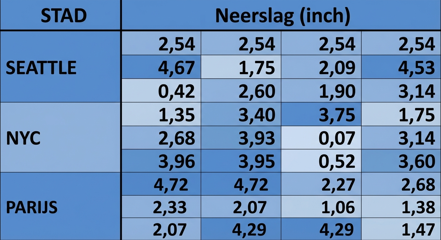 Dezelfde matrix van negen bij vier maar nu heeft de bovenste rij waarden, om het imputeren van lege cellen met de mediaan weer te geven.