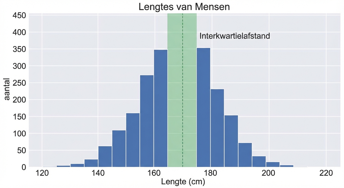 Een histogram van lengtes van mensen met waardes op de x-as en het aantal observaties op de y-as. Er is een groen gearceerd gebied van het 25e tot het 75e percentiel dat het interkwartielbereik weergeeft.