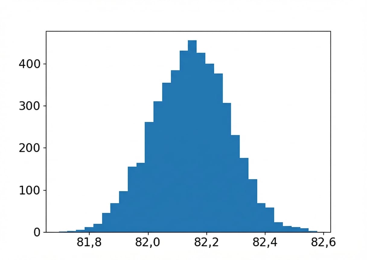 Een histogram van de benaderde steekproeftrekkingsverdeling van gemiddelde cup-punten bij steekproefgrootte 320.