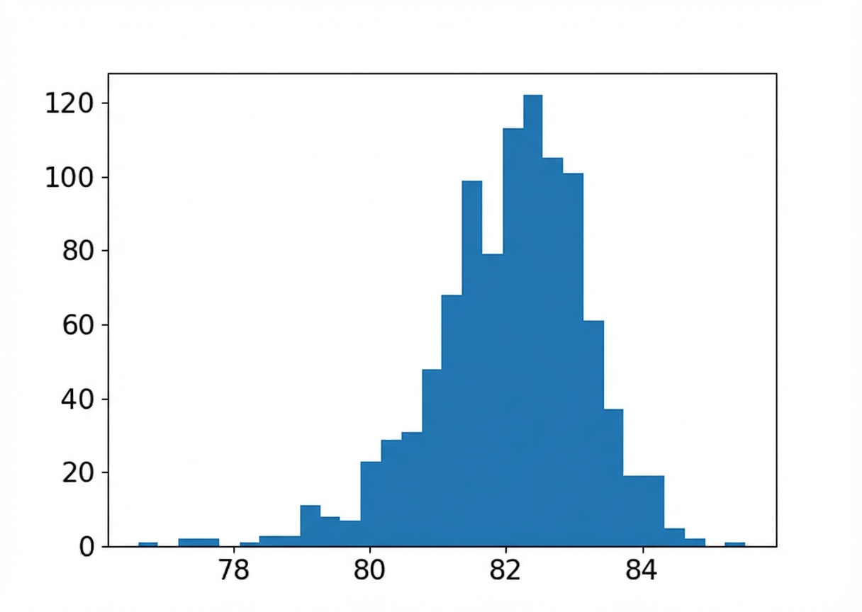 Een histogram van steekproefgemiddelden met een steekproefomvang van zes.