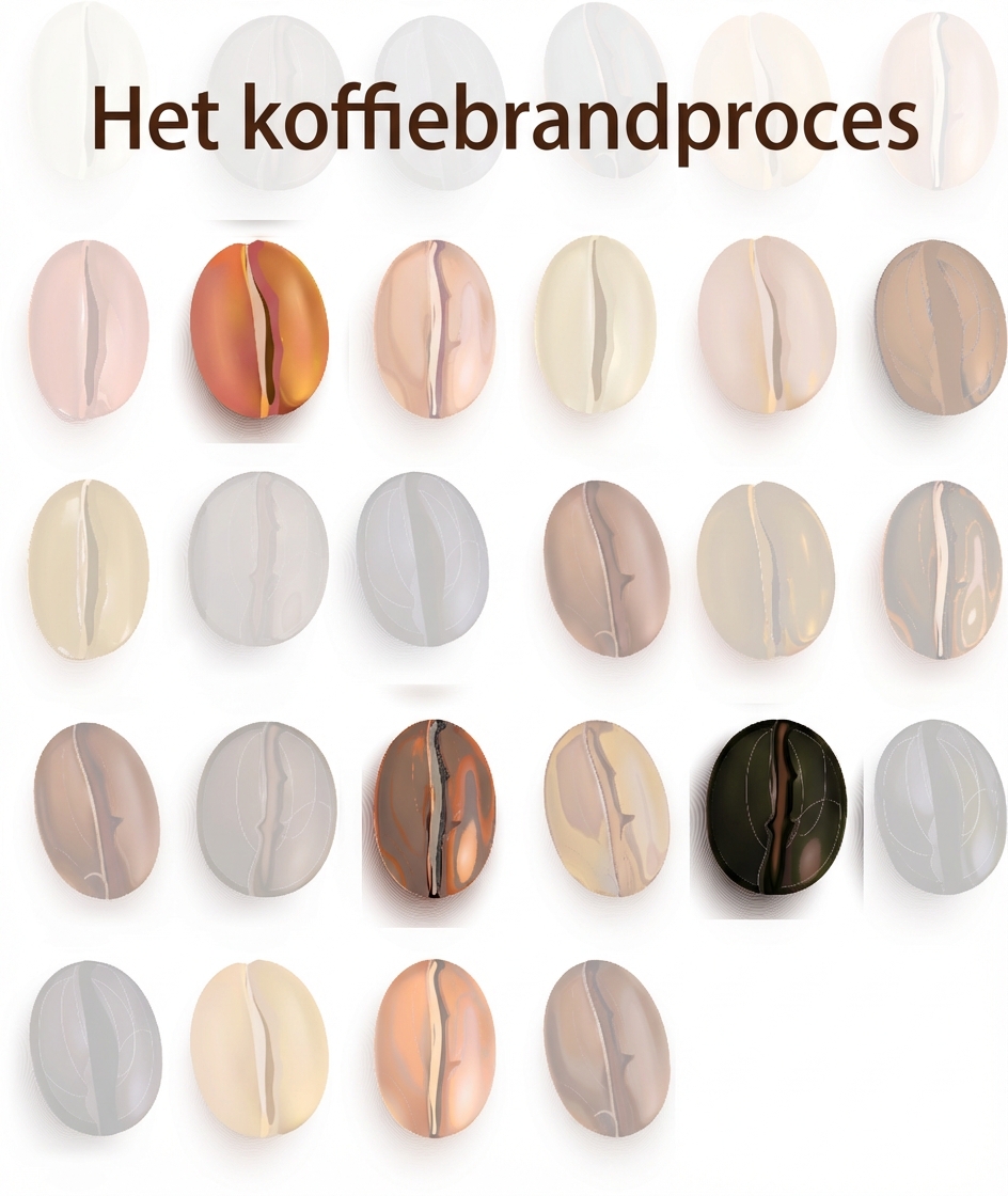 Koffiebonen in rijen en kolommen; alle grijs behalve drie.