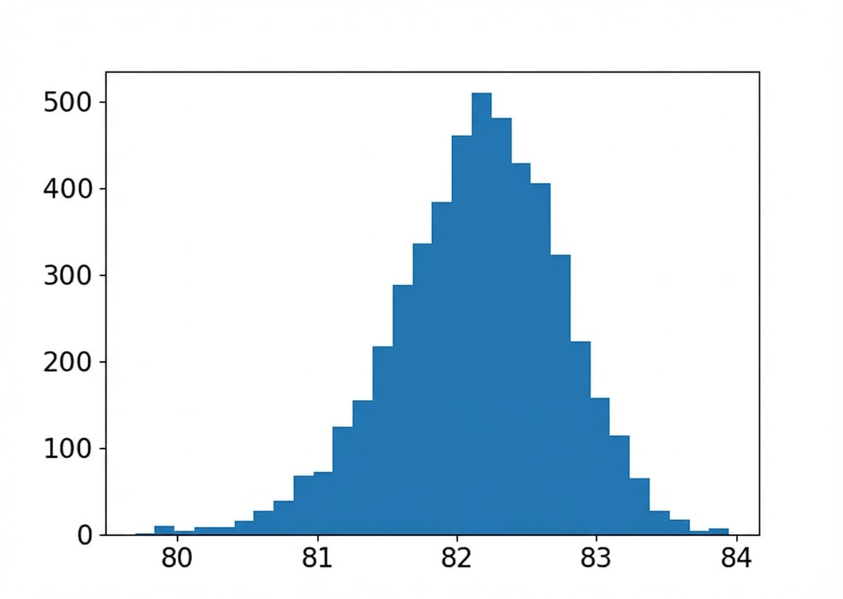 Een histogram van de benaderde steekproeftrekkingsverdeling van gemiddelde cup-punten bij steekproefgrootte 20.