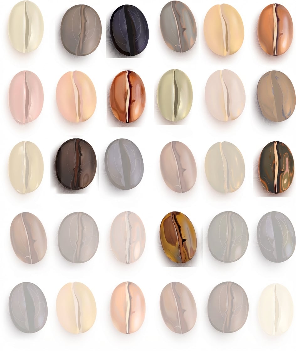 Koffiebonen in rijen en kolommen, waarvan de meeste grijs zijn gemaakt.