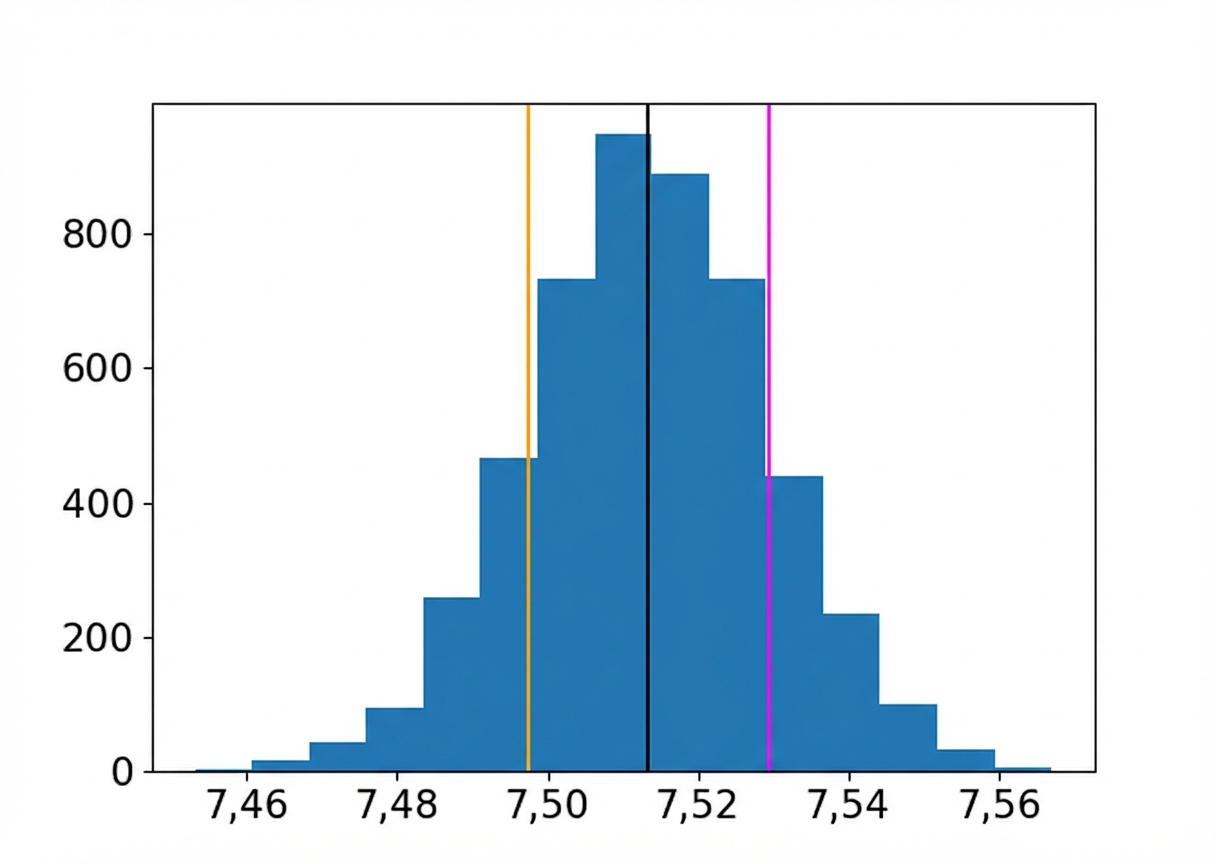Een histogram van koffiesmaakgemiddelden met gemiddelde en standaarddeviaties aangeduid door verticale balken.