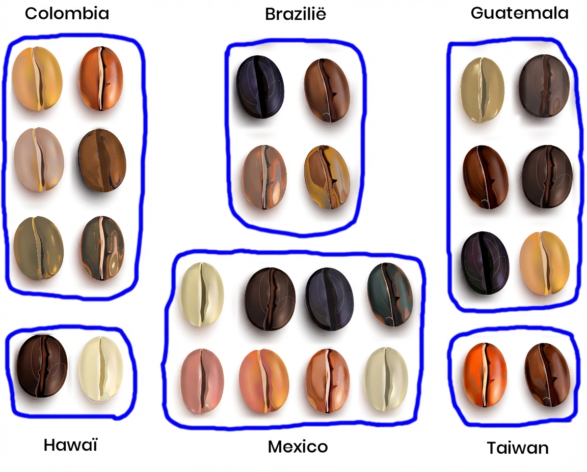 Koffiebonen gegroepeerd per herkomstland.