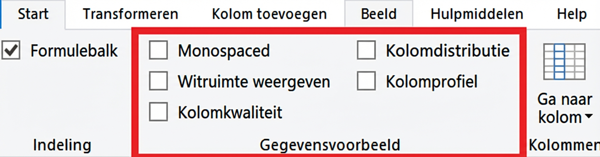 Een screenshot van Power Query met het tabblad View geselecteerd en de datapreview-functies gemarkeerd