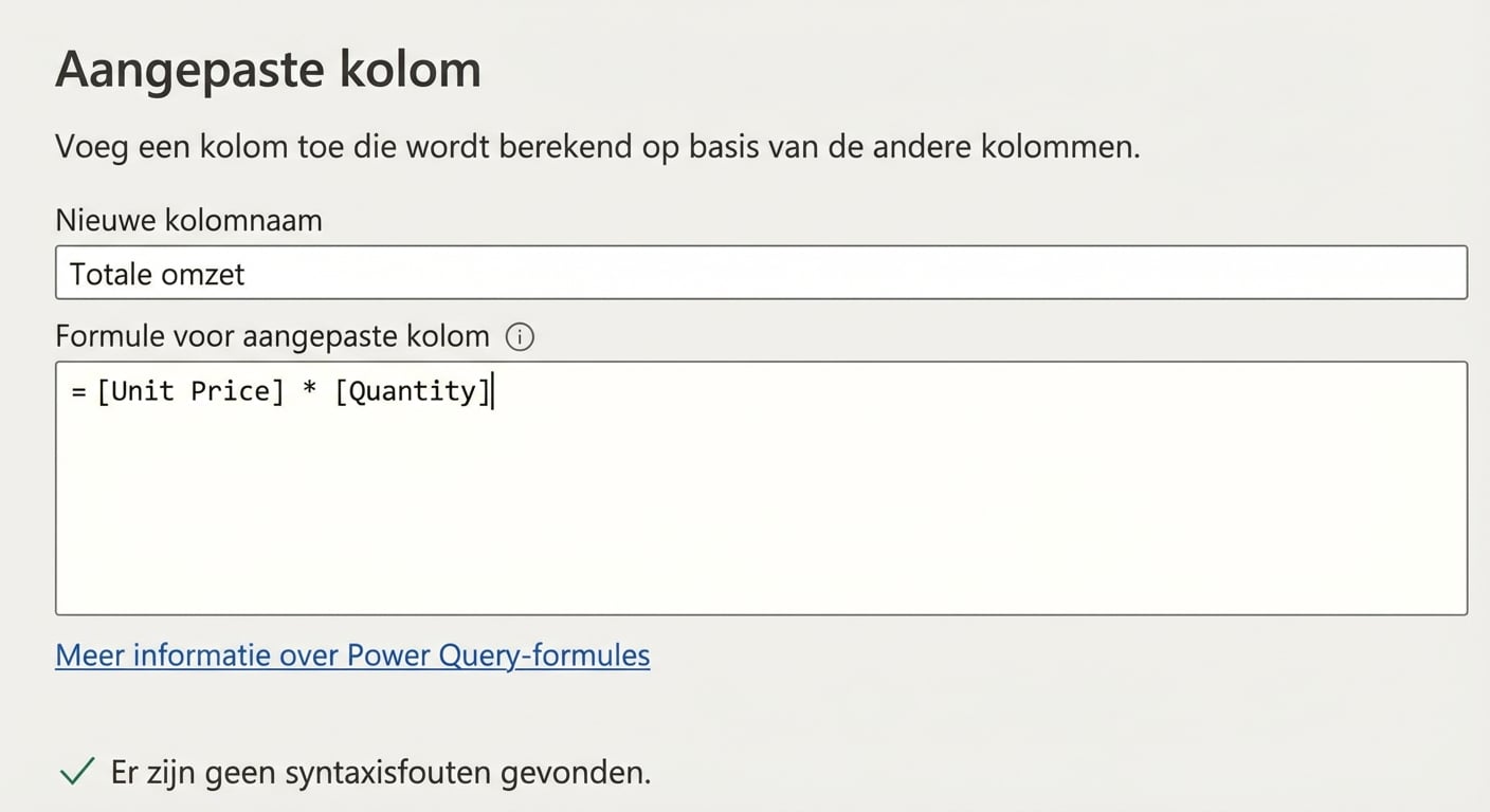Een screenshot van het venster Aangepaste kolom in Power Query, met een voorbeeld van de vermenigvuldigingsoperator om totale verkoop te berekenen