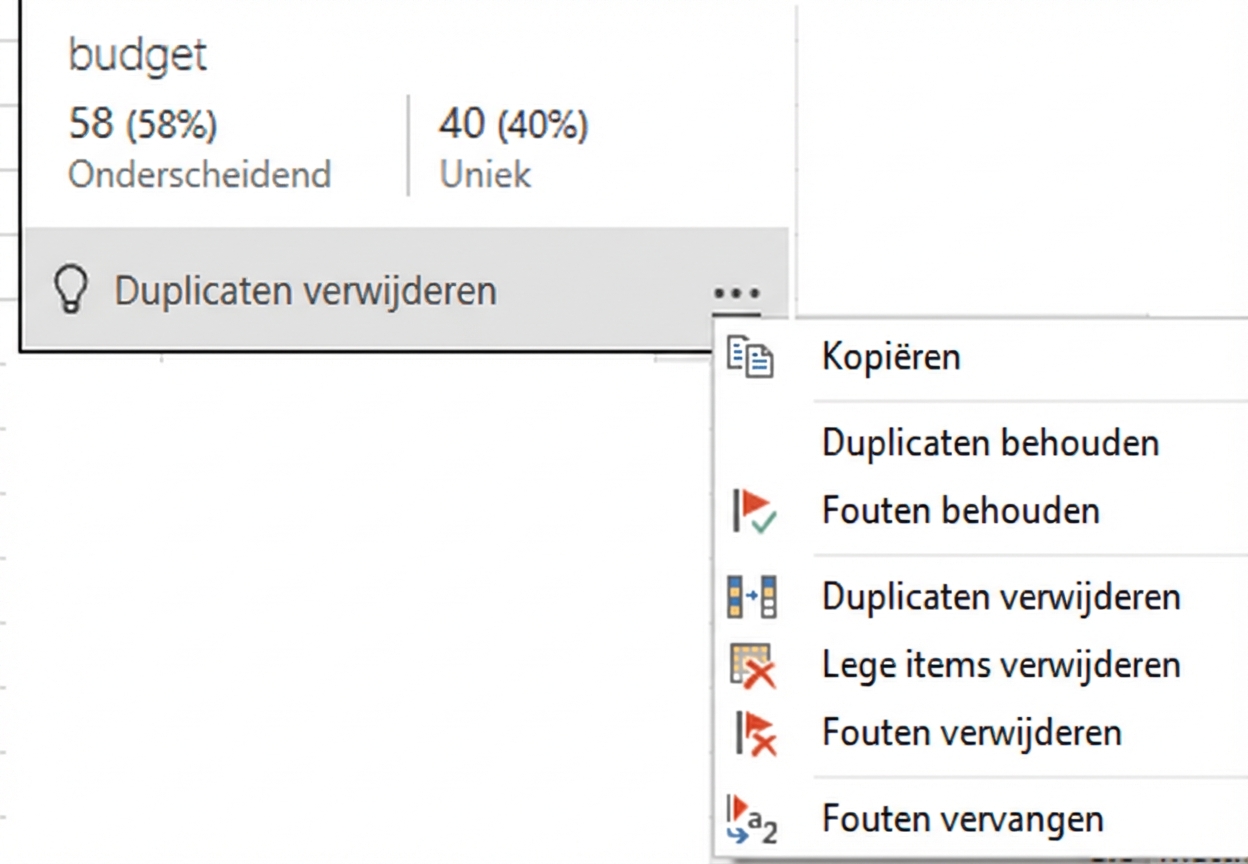Een screenshot van het contextmenu dat verschijnt na hoveren op de kolomkwaliteit-functie