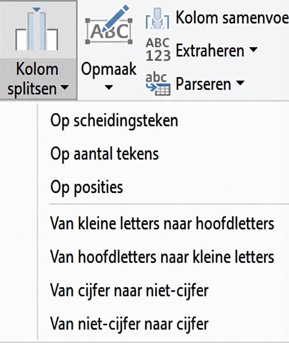 Een screenshot van Power Query met de transformatie Kolom splitsen en de opties