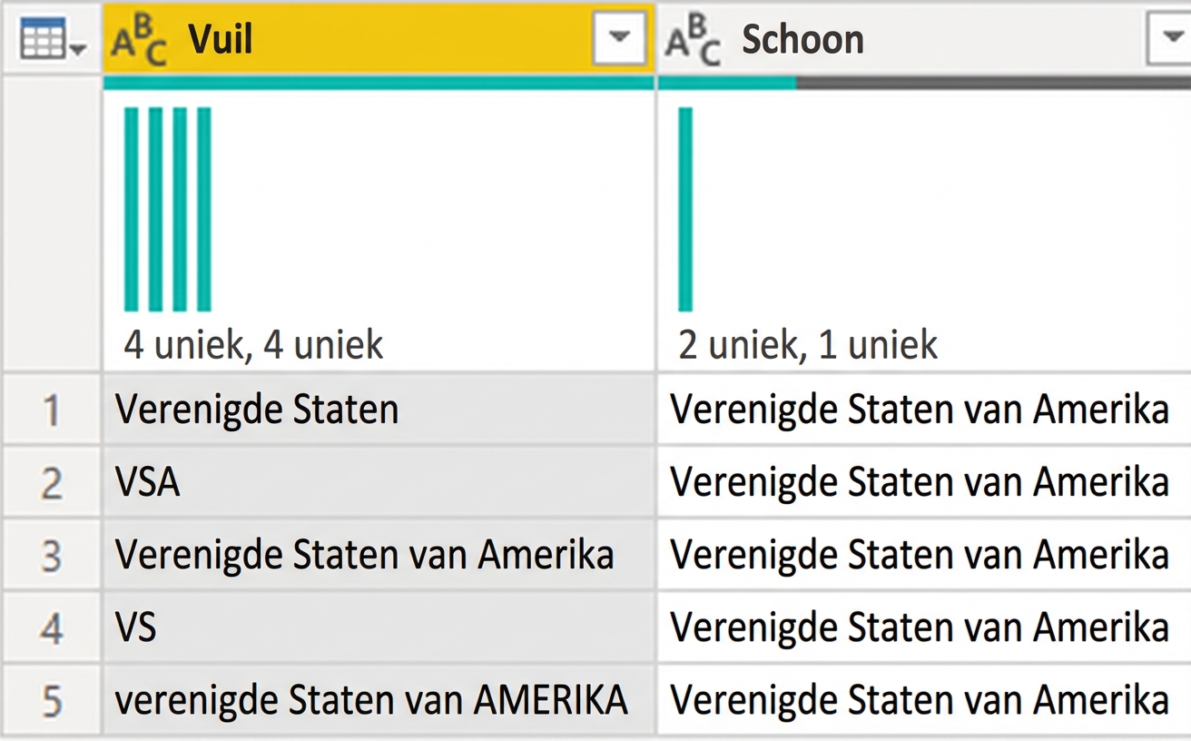 Een screenshot van Power Query met een tabel met twee kolommen: één met 'vuile' data en één met 'schone' data.