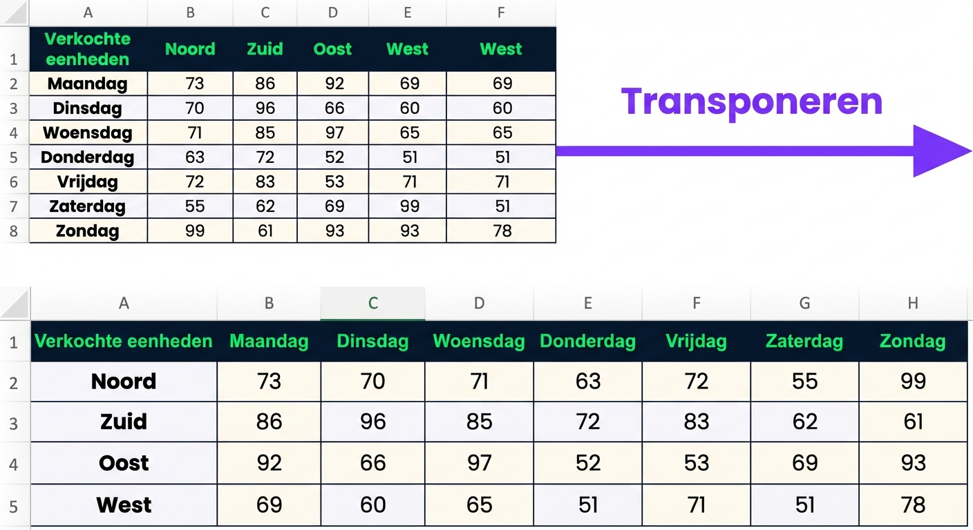 Een tabel met dagnamen als eerste kolommen en verkochte eenheden in de regio's Noord, Zuid, Oost en West als andere kolommen. Na transponeren krijgen we Noord, Zuid, Oost en West als eerste kolom met de verkochte eenheden per weekdag als andere kolommen.
