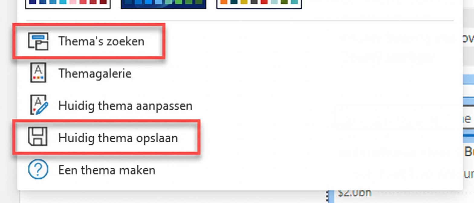 Import- en exportopties voor aangepaste thema’s.