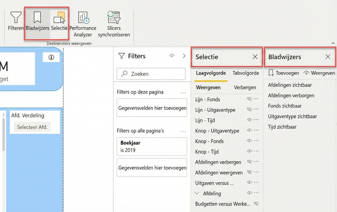 De deelvensters Bladwijzers en Selectie