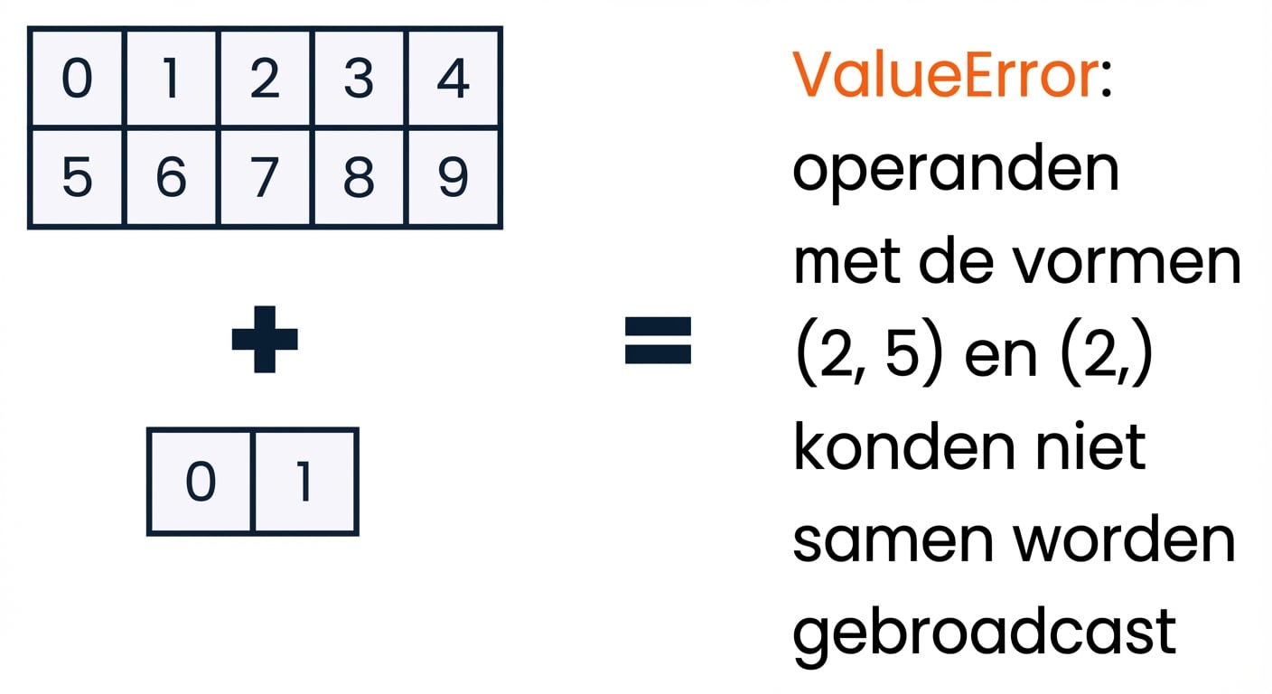 Een afbeelding die laat zien dat het optellen van een array met vorm (2, 5) bij een met vorm (2,) een ValueError oplevert.