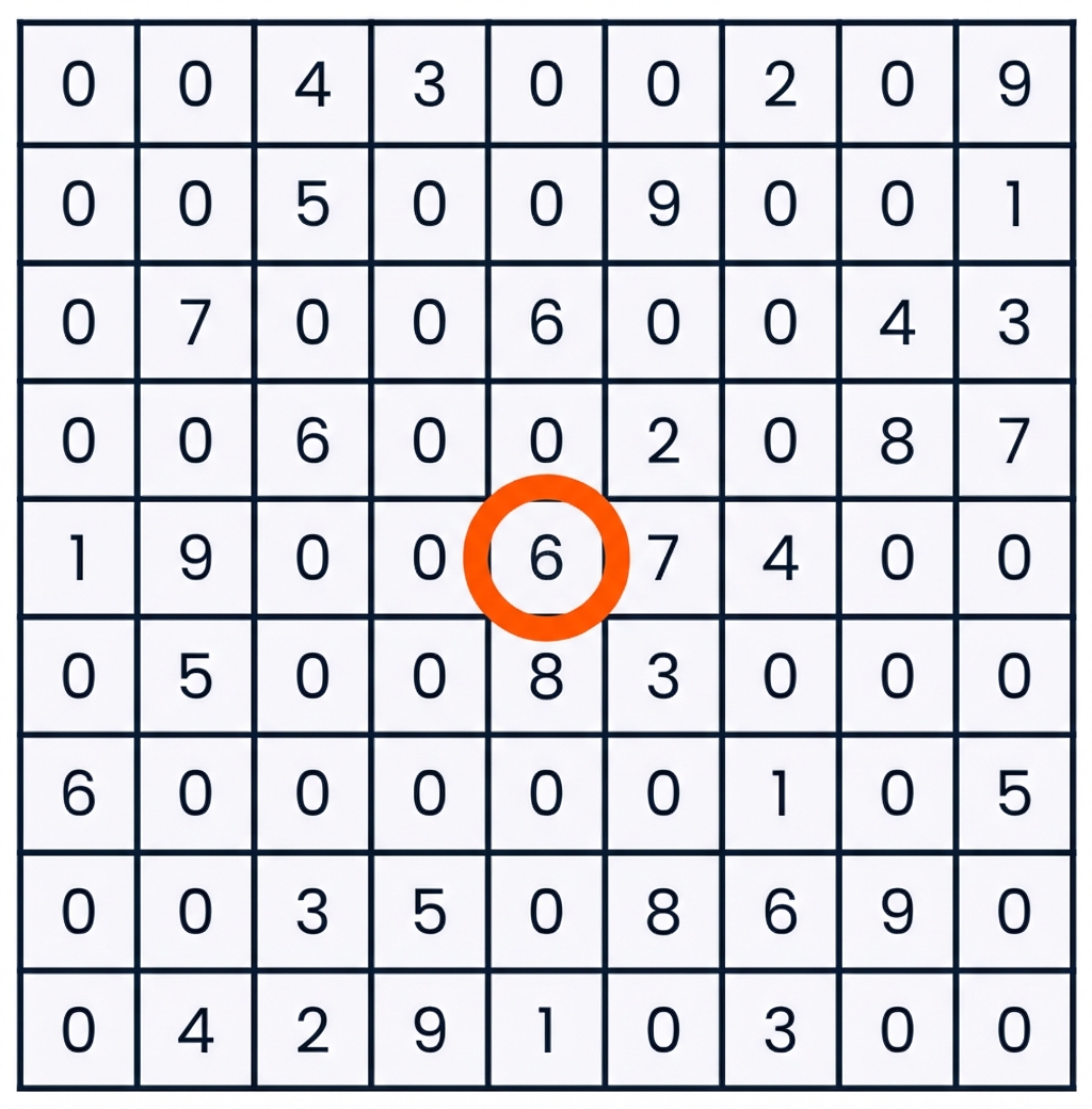 Een sudokuspuzzel met één getal geselecteerd in de derde rij van de vijfde kolom
