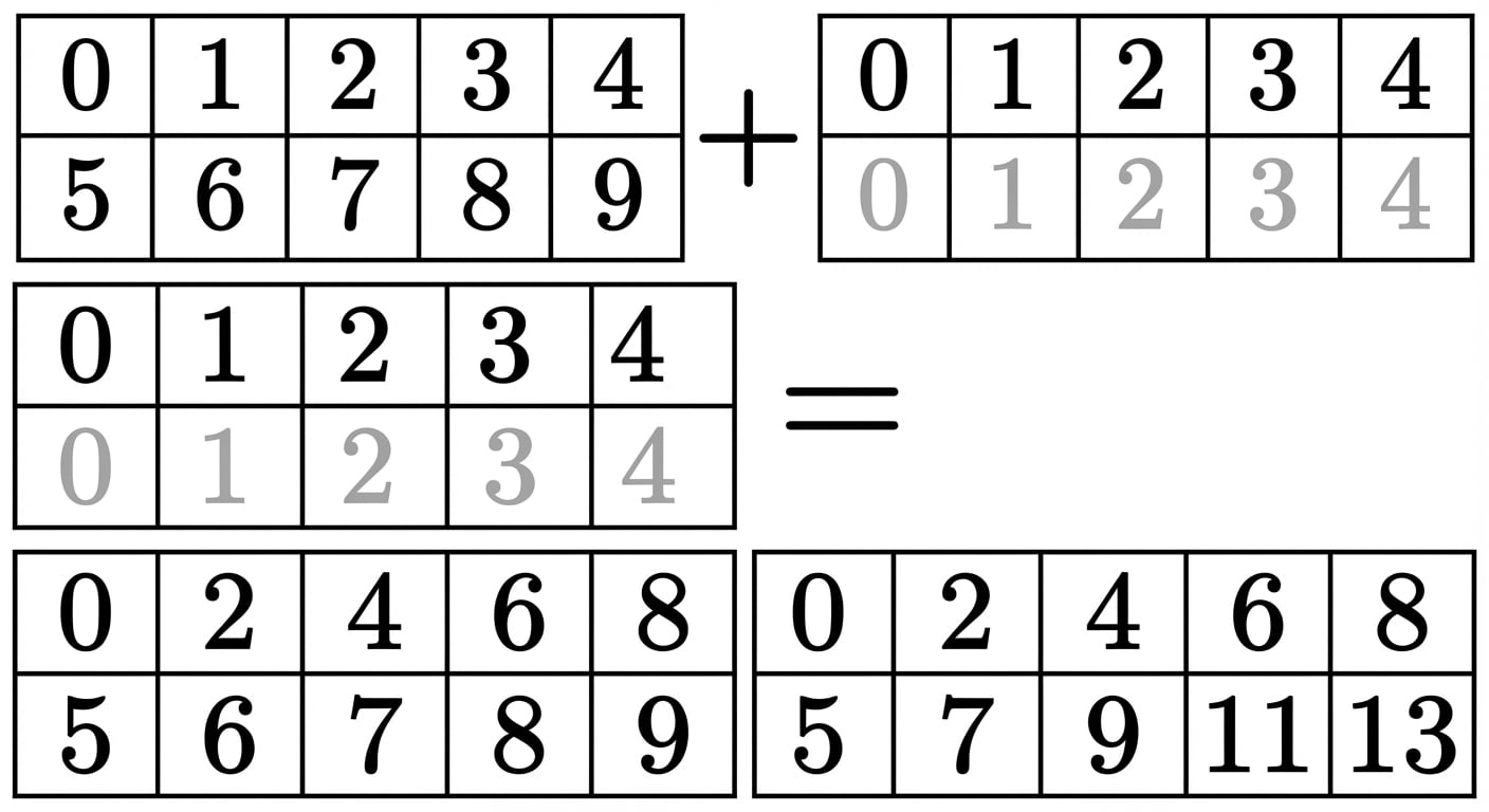 Een array met vorm (2, 5) die wordt opgeteld bij een array met vorm (2, 5)