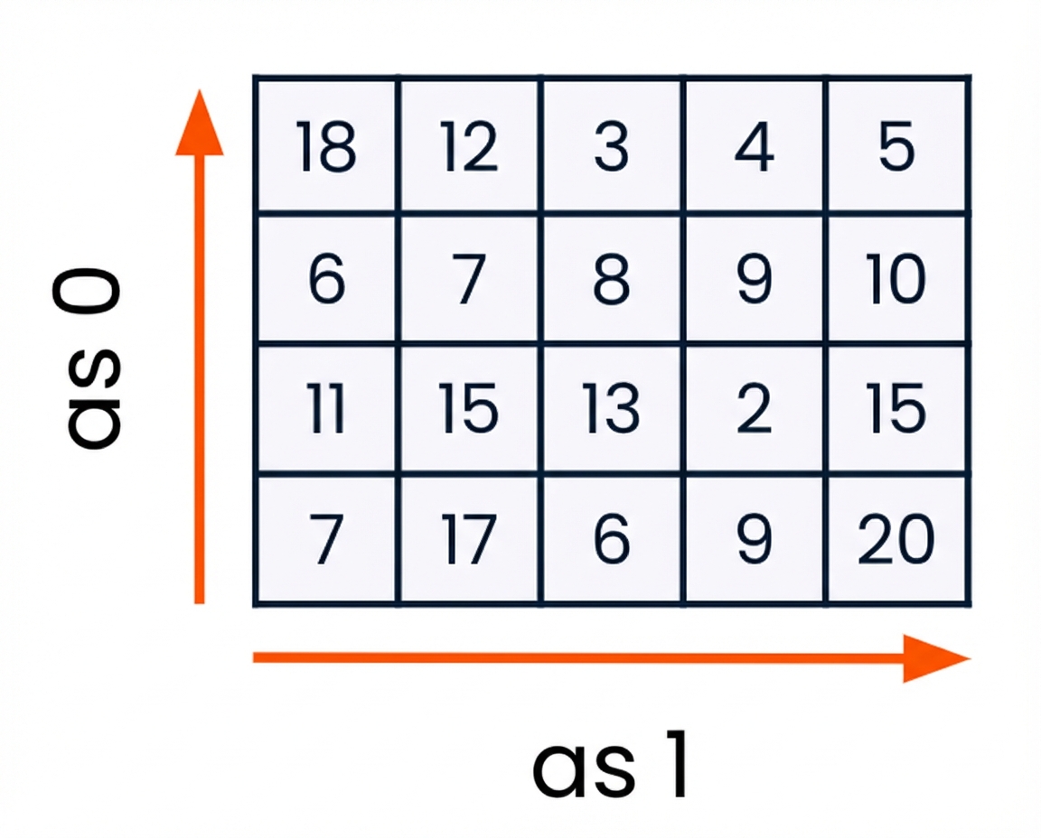 Grafiek die laat zien dat as nul langs de rijen loopt en as één langs de kolommen