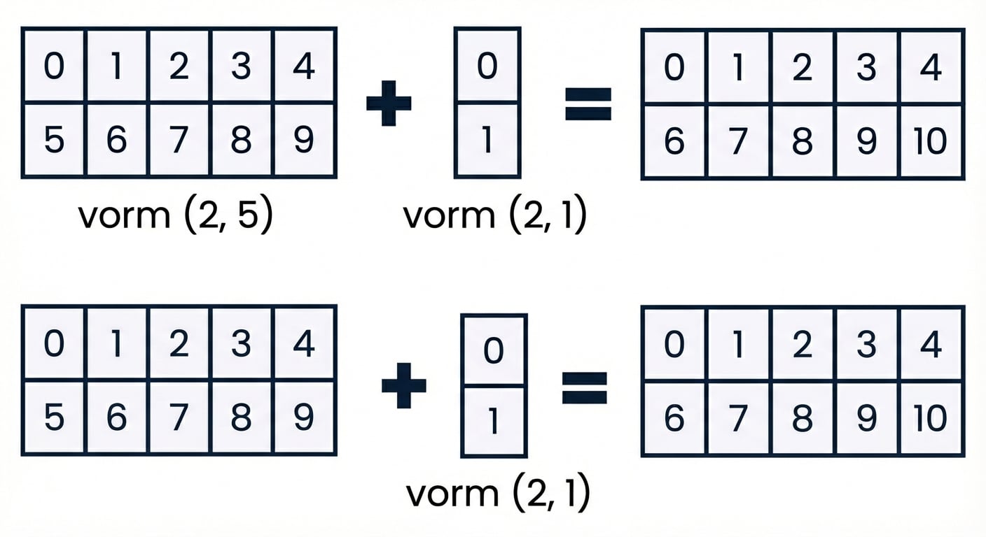 Een afbeelding van een array met vorm (2, 5) en een met vorm (2, 1) die bij elkaar worden opgeteld