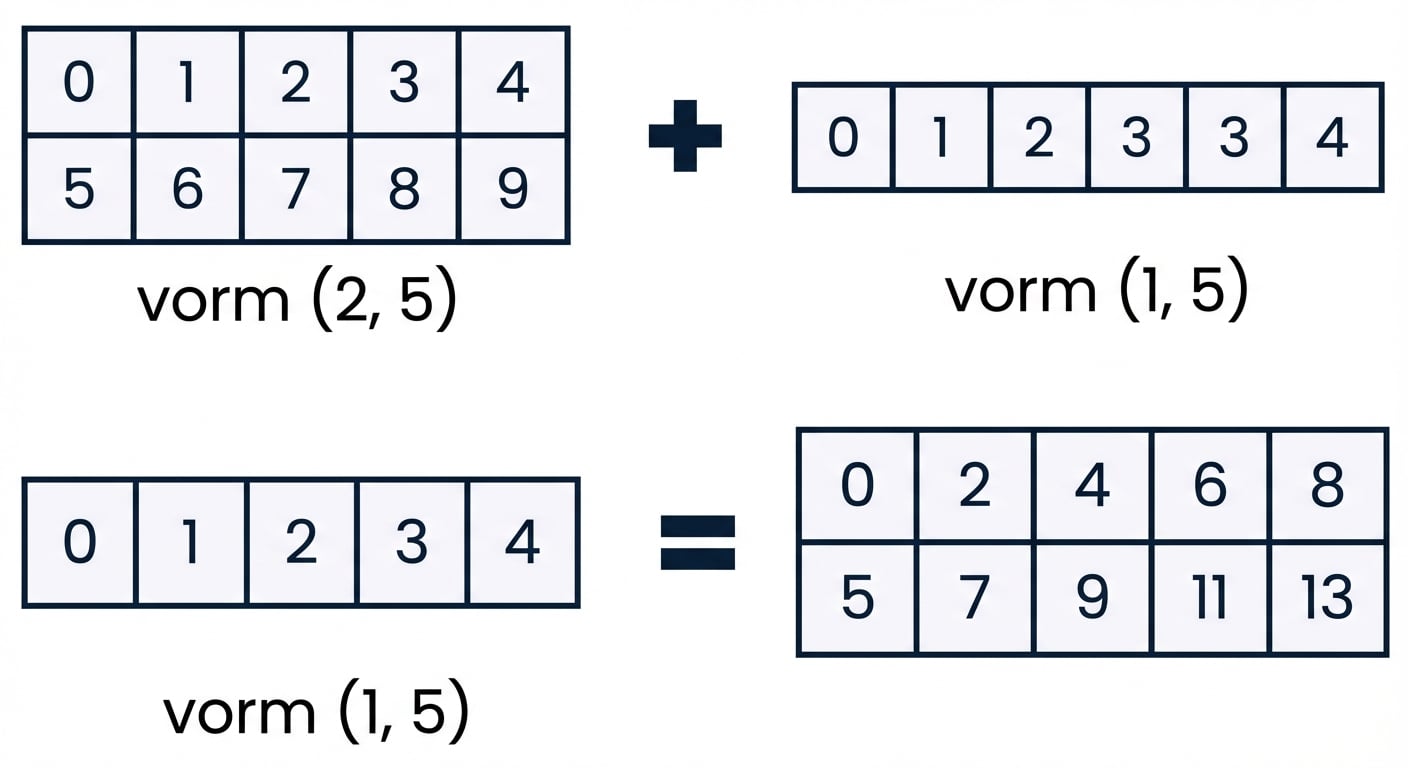 Een array met vorm (2, 5) die wordt opgeteld bij een array met vorm (1, 5)