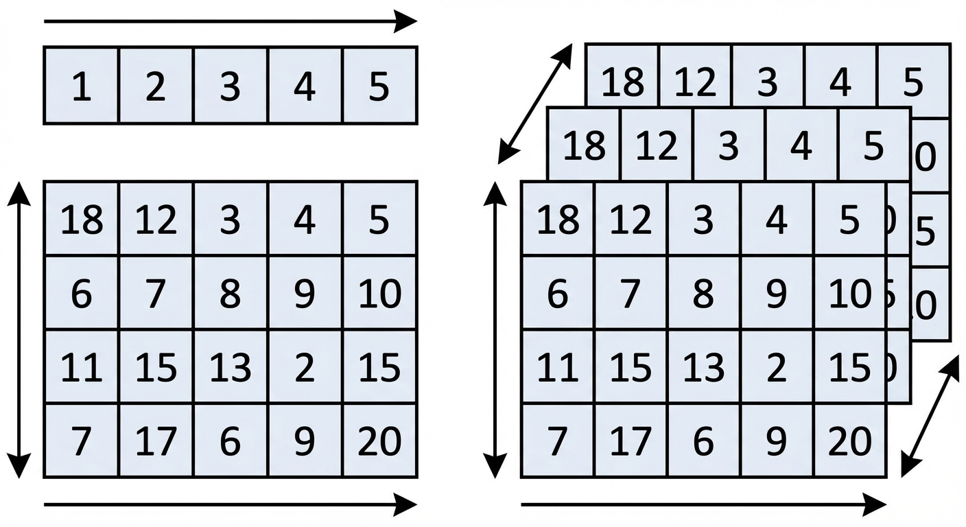 afbeeldingen van 1D-, 2D- en 3D-arrays