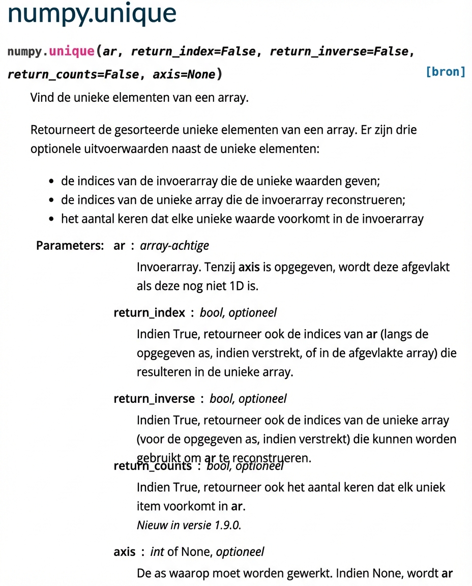Een screenshot van de numpy.org-documentatie voor np.unique()