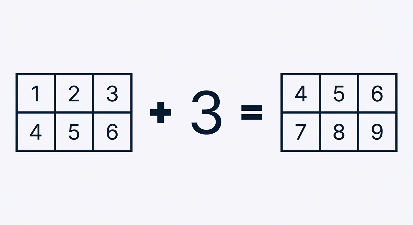 Een afbeelding van het getal drie dat bij alle elementen in een array wordt opgeteld