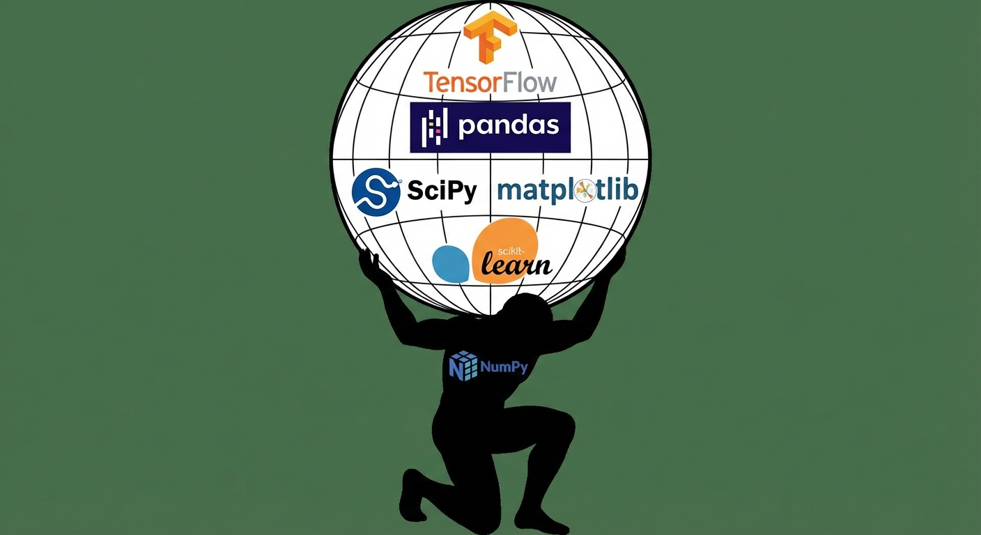Een afbeelding van Atlas die de wereldbol draagt, gestileerd als NumPy omdat NumPy de Python-wereld ondersteunt