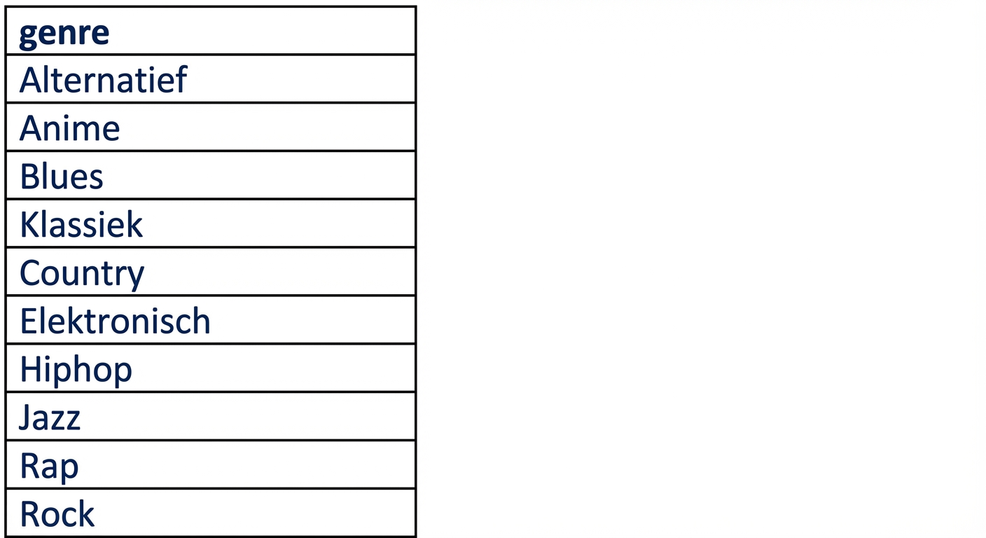 lijst met elf genres, waaronder Electronic, Hip-Hop en Rock