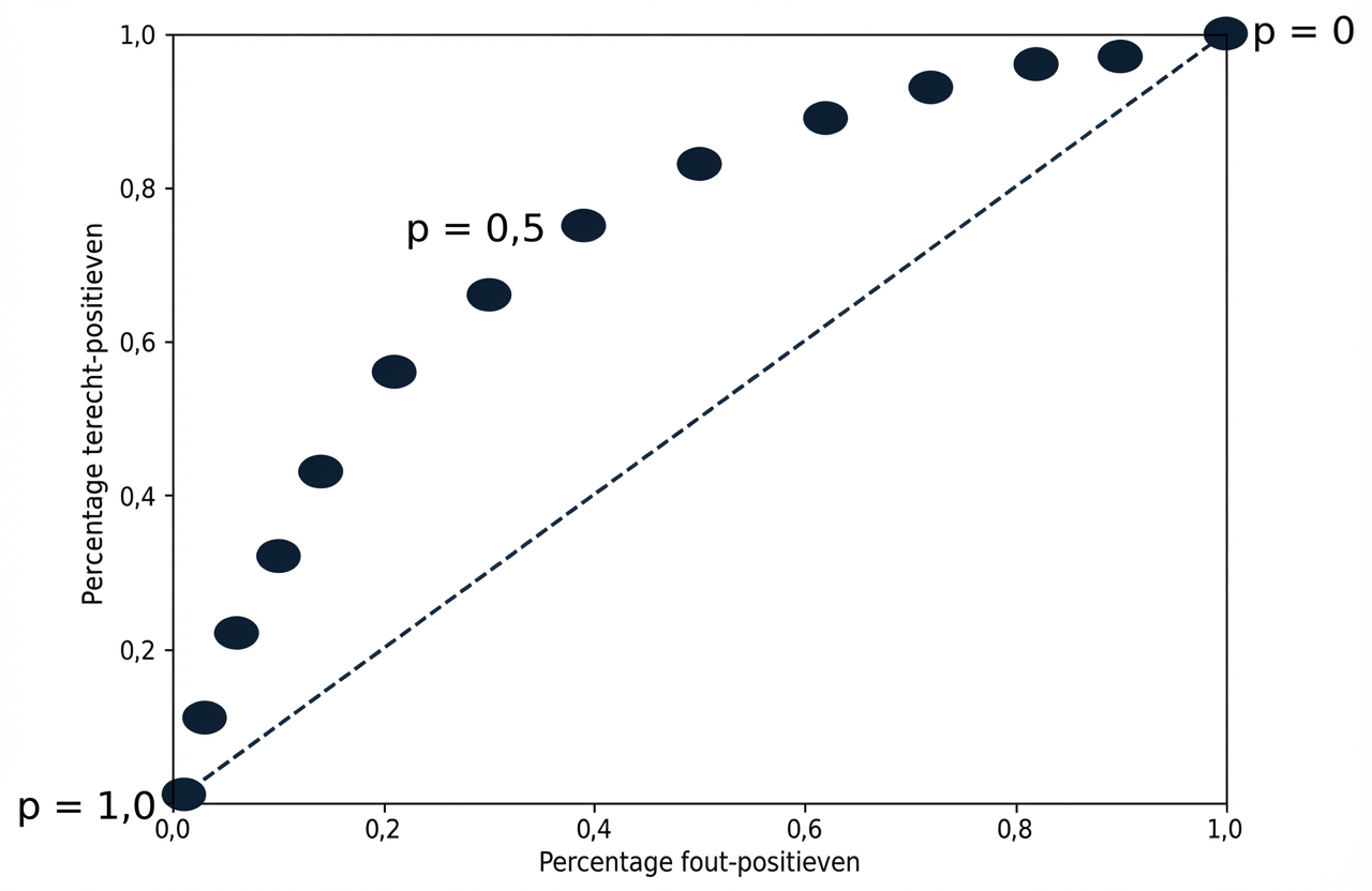 Punten buigen omhoog naar rechts boven de stippellijn, voor verschillende drempels