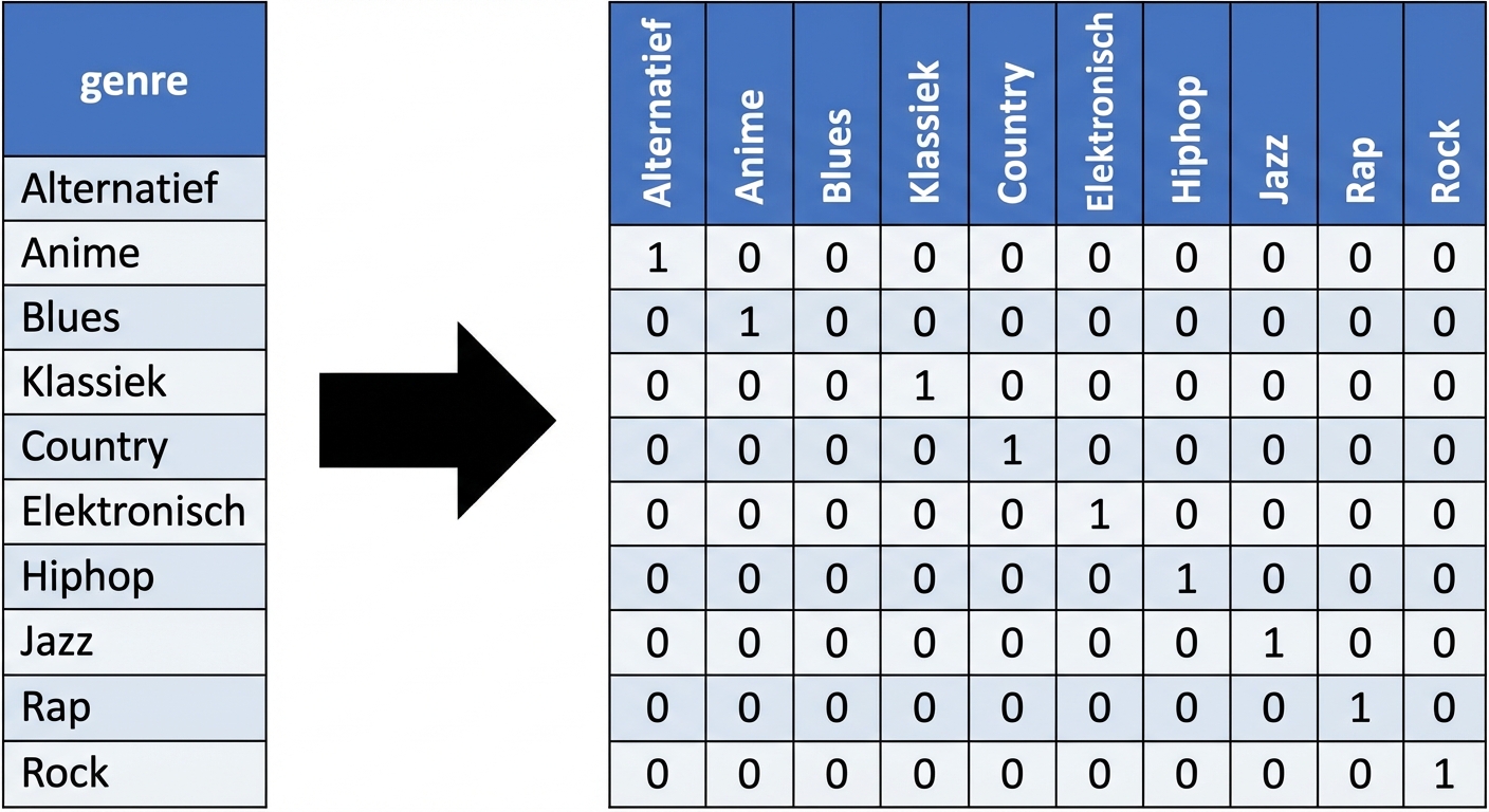 Raster met genrewaarden en kolomnamen, met nullen en enen; 1 betekent dat het nummer dat genre is, 0 betekent van niet