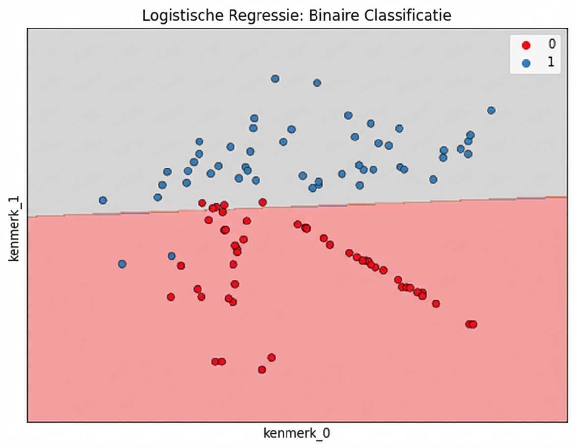 spreidingsdiagram van feature1 vs feature2, met een rechte beslissingsgrens voor churn van links naar rechts