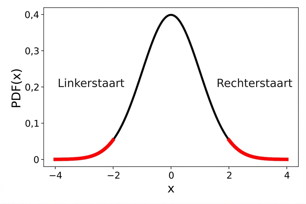 Dichtheidsplot van de pdf van de standaardnormale verdeling met de linker- en rechterstaart rood gemarkeerd.